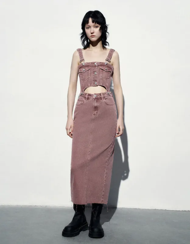 Long Denim Pinafore Dress sold by Urban Revivo