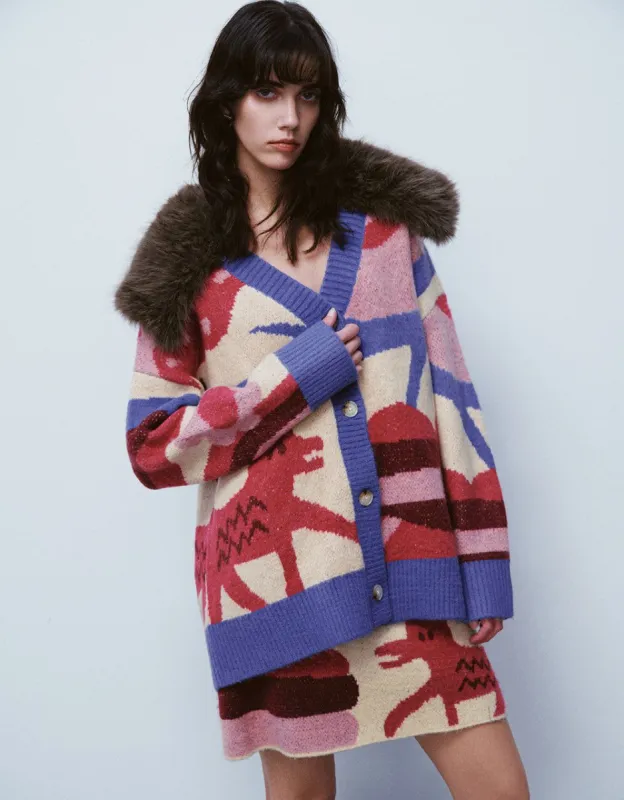 Printed V-Neck Knitted Cardigan With Furry Collar sold by Urban Revivo