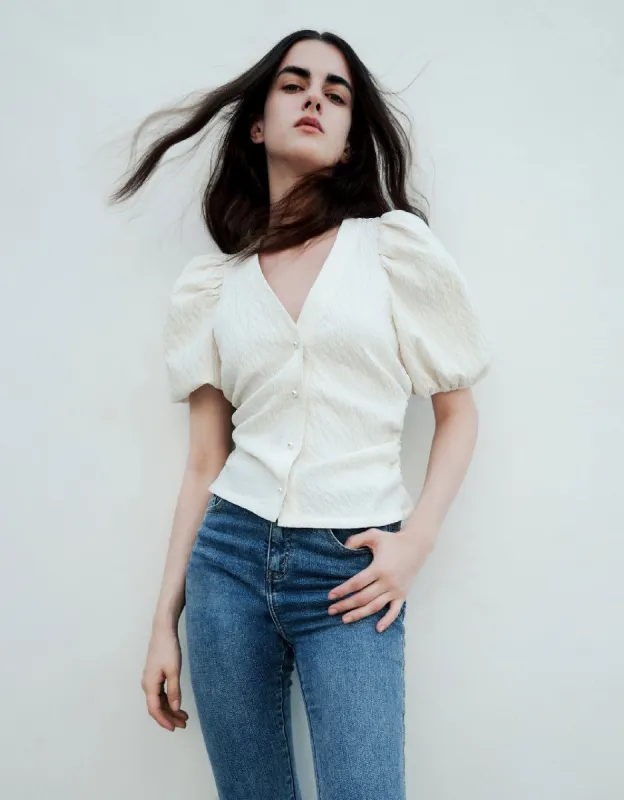 Textured Puff Sleeve V-Neck Shirt sold by Urban Revivo