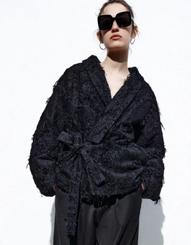 Furry V-Neck Straight Jacket sold by Urban Revivo