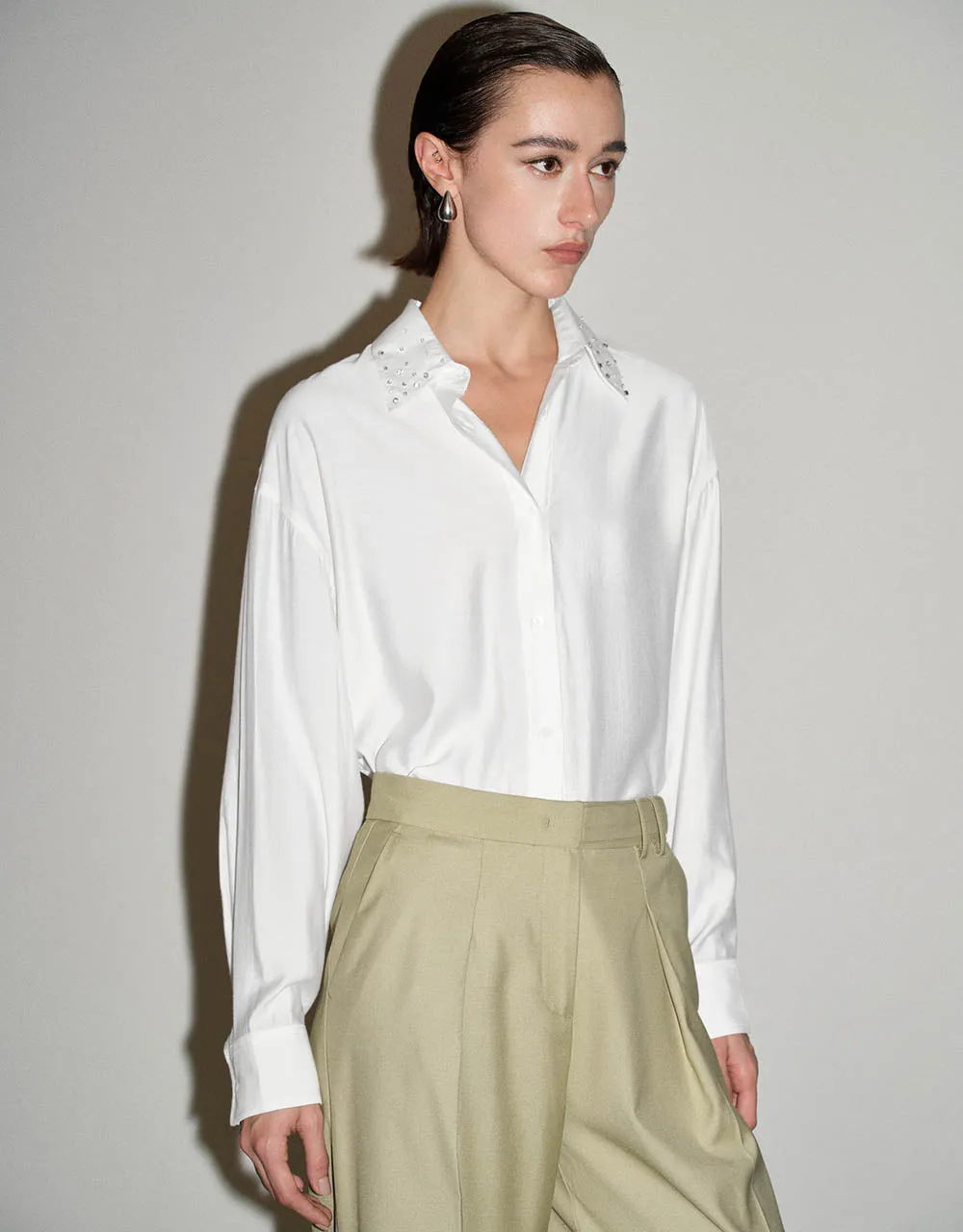 Rhinestone Décor Button Up Straight Shirt sold by Urban Revivo