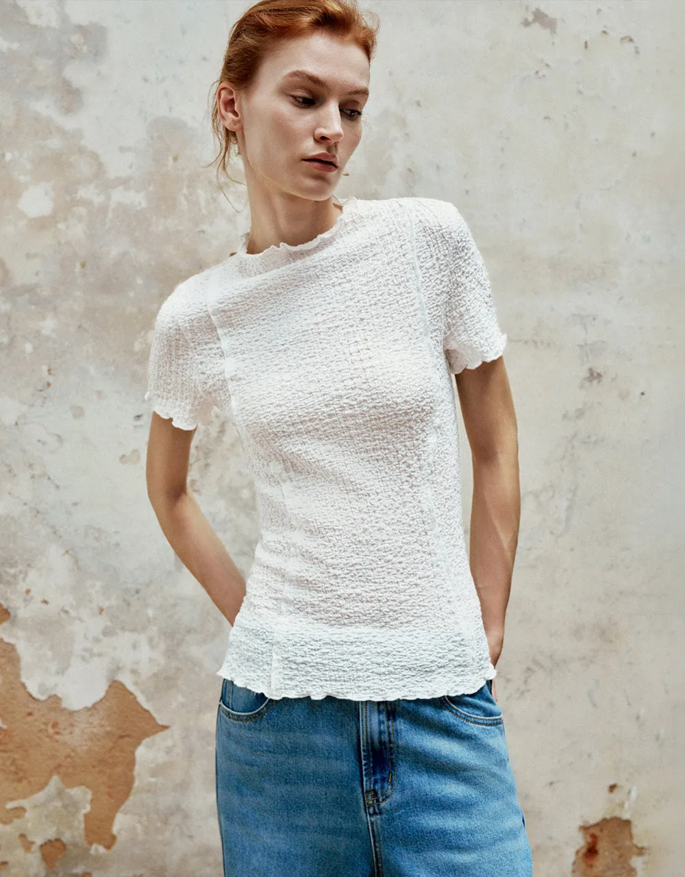 Shirred Stand Collar Skinny T-Shirt sold by Urban Revivo