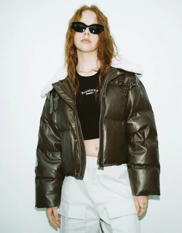 Furry Collar Bow Neck Down Jacket sold by Urban Revivo