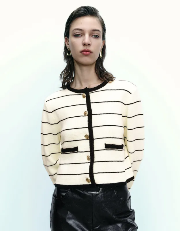 Striped Crew Neck Knitted Cardigan With Fake Pockets sold by Urban Revivo