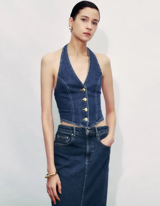 Halter Neck Skinny Denim Vest sold by Urban Revivo