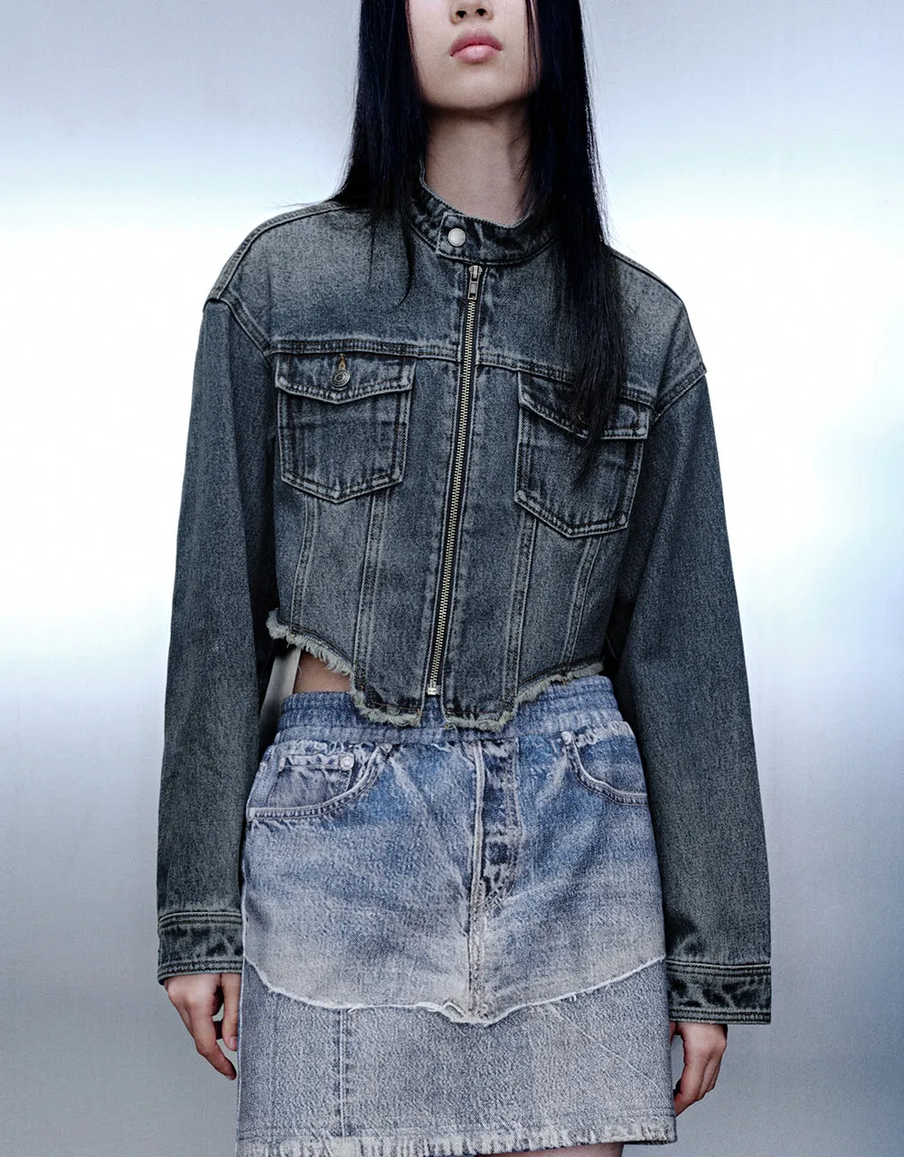 Raw Hem Zipper Front Denim Jacket sold by Urban Revivo product image thumbnail 2