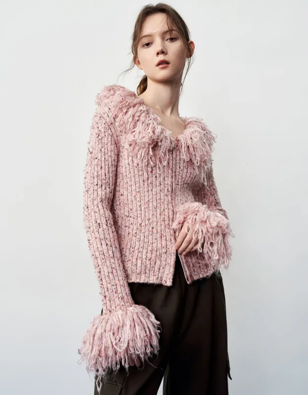 Fluffy Trim Zipper Front Knitted Cardigan sold by Urban Revivo