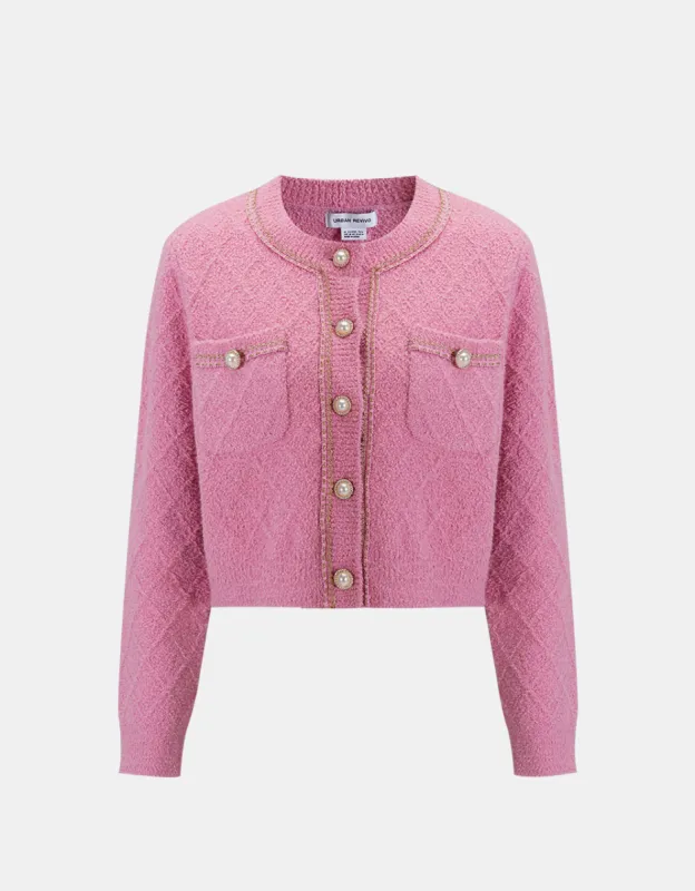 Fluffy Contrast Trim Faux Pearl Button Cardigan sold by Urban Revivo