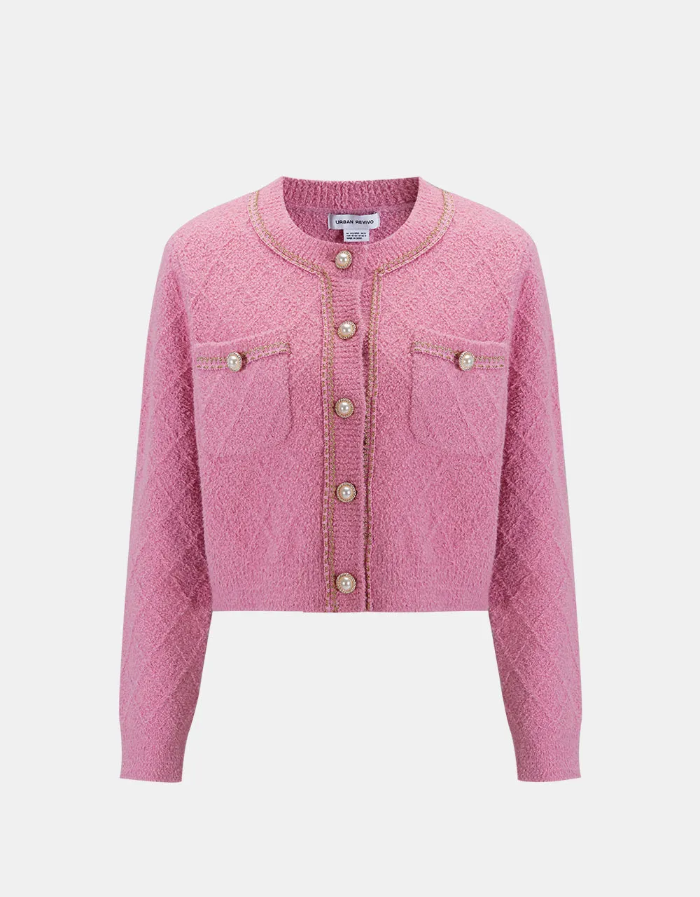 Fluffy Contrast Trim Faux Pearl Button Cardigan sold by Urban Revivo