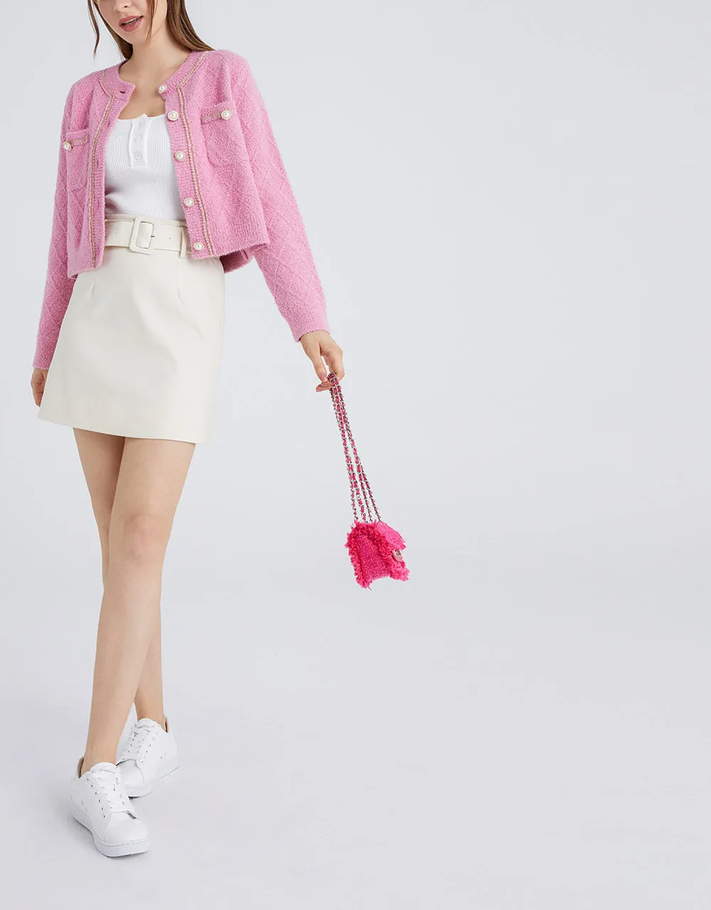 Fluffy Contrast Trim Faux Pearl Button Cardigan sold by Urban Revivo product image thumbnail 2