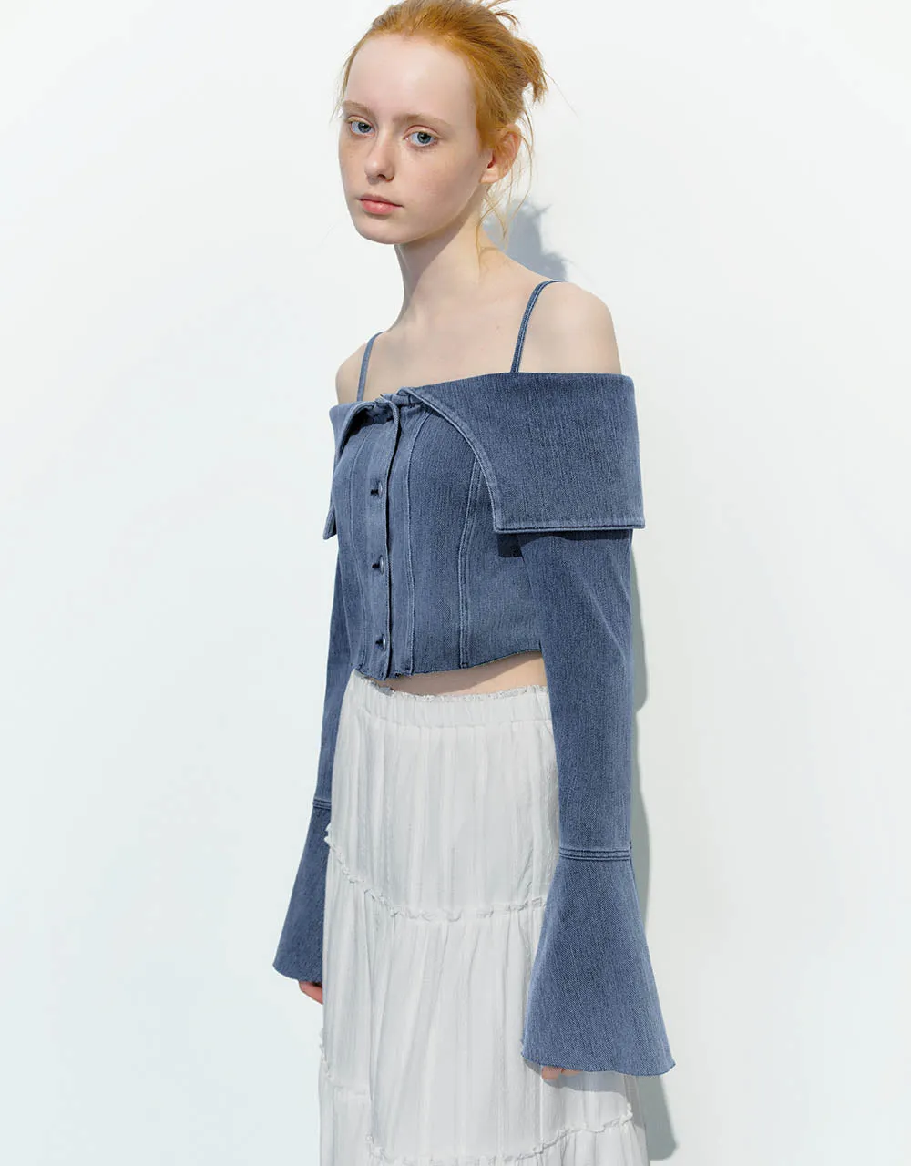 Butterfly Sleeve Off-Shoulder Denim Shirt sold by Urban Revivo product image thumbnail 3