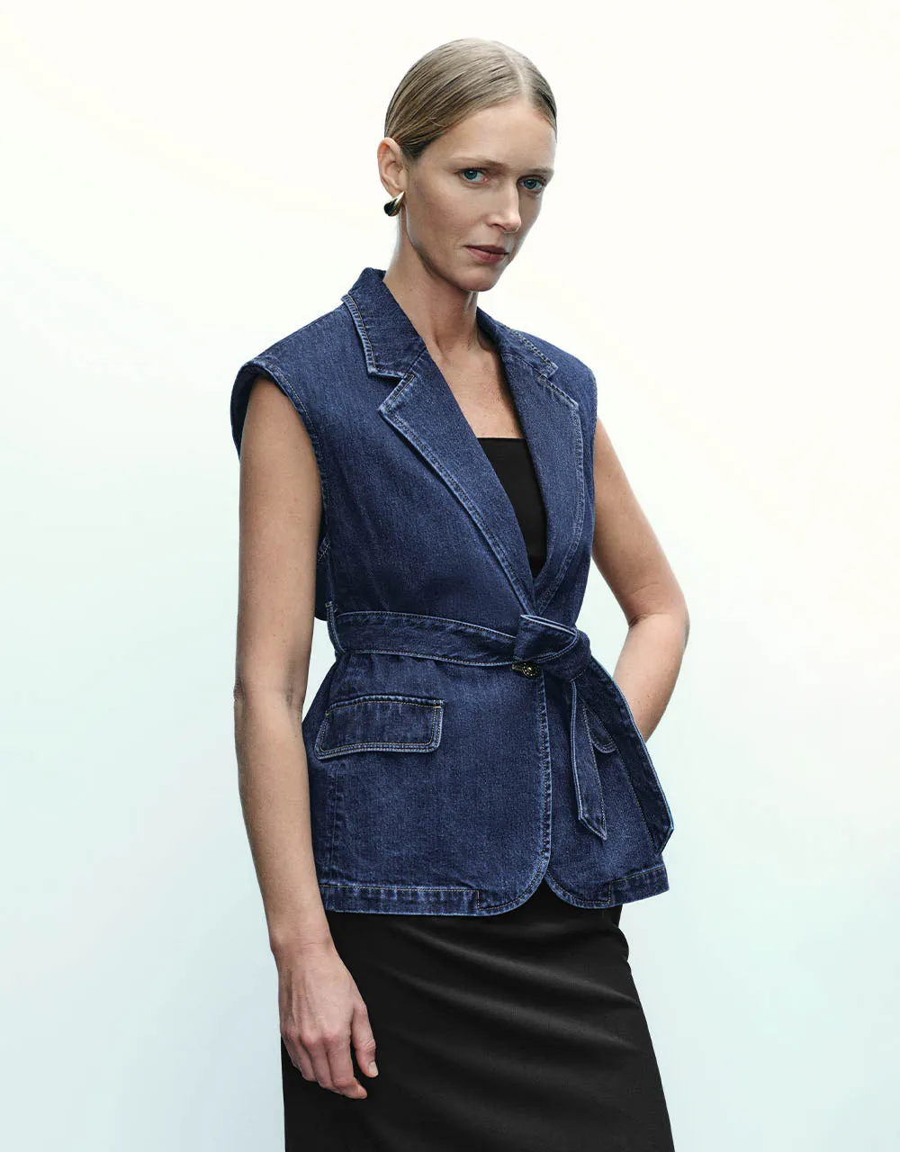 V-Neck Denim Waistcoat With Belt sold by Urban Revivo product image thumbnail 3