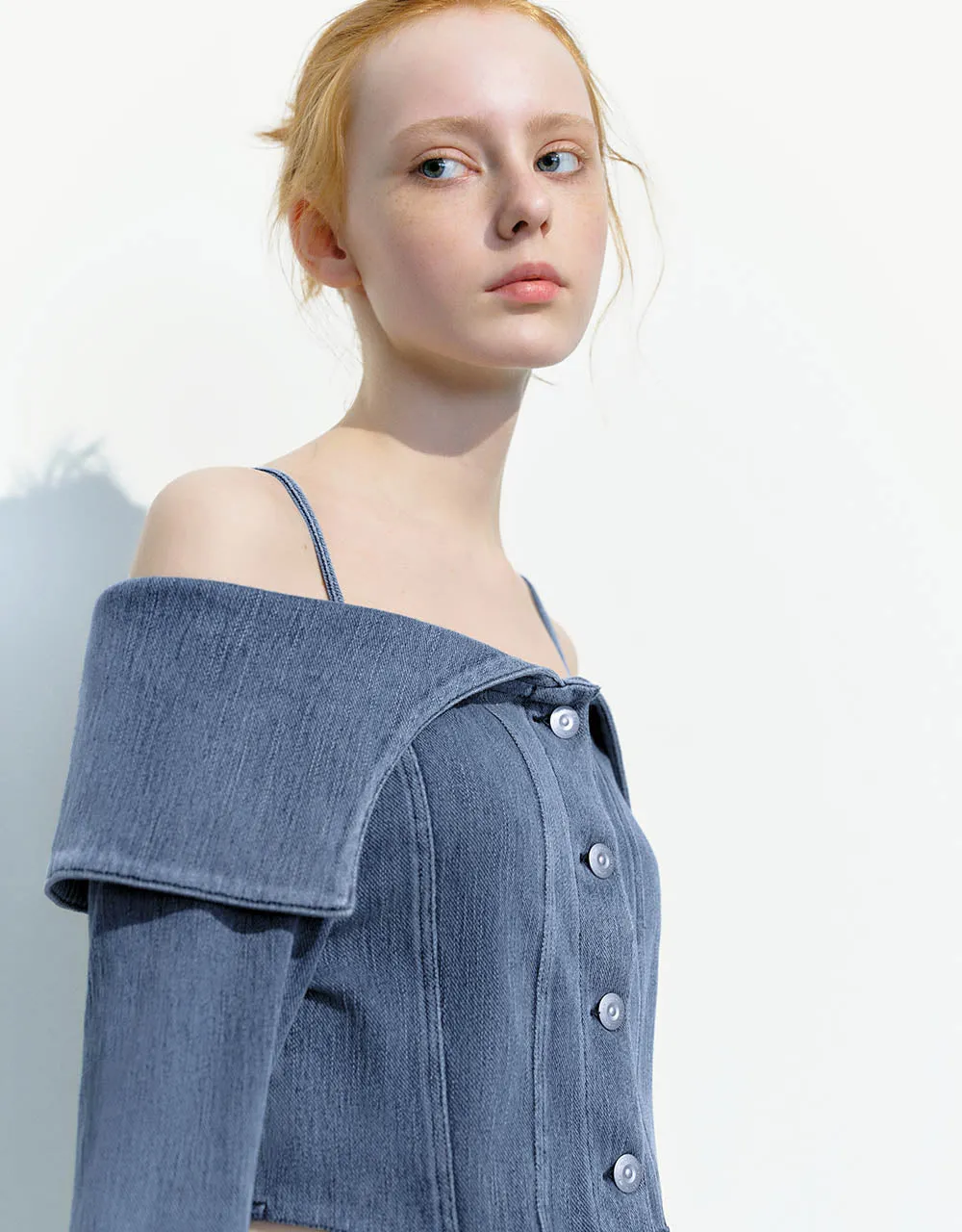 Butterfly Sleeve Off-Shoulder Denim Shirt sold by Urban Revivo product image thumbnail 4