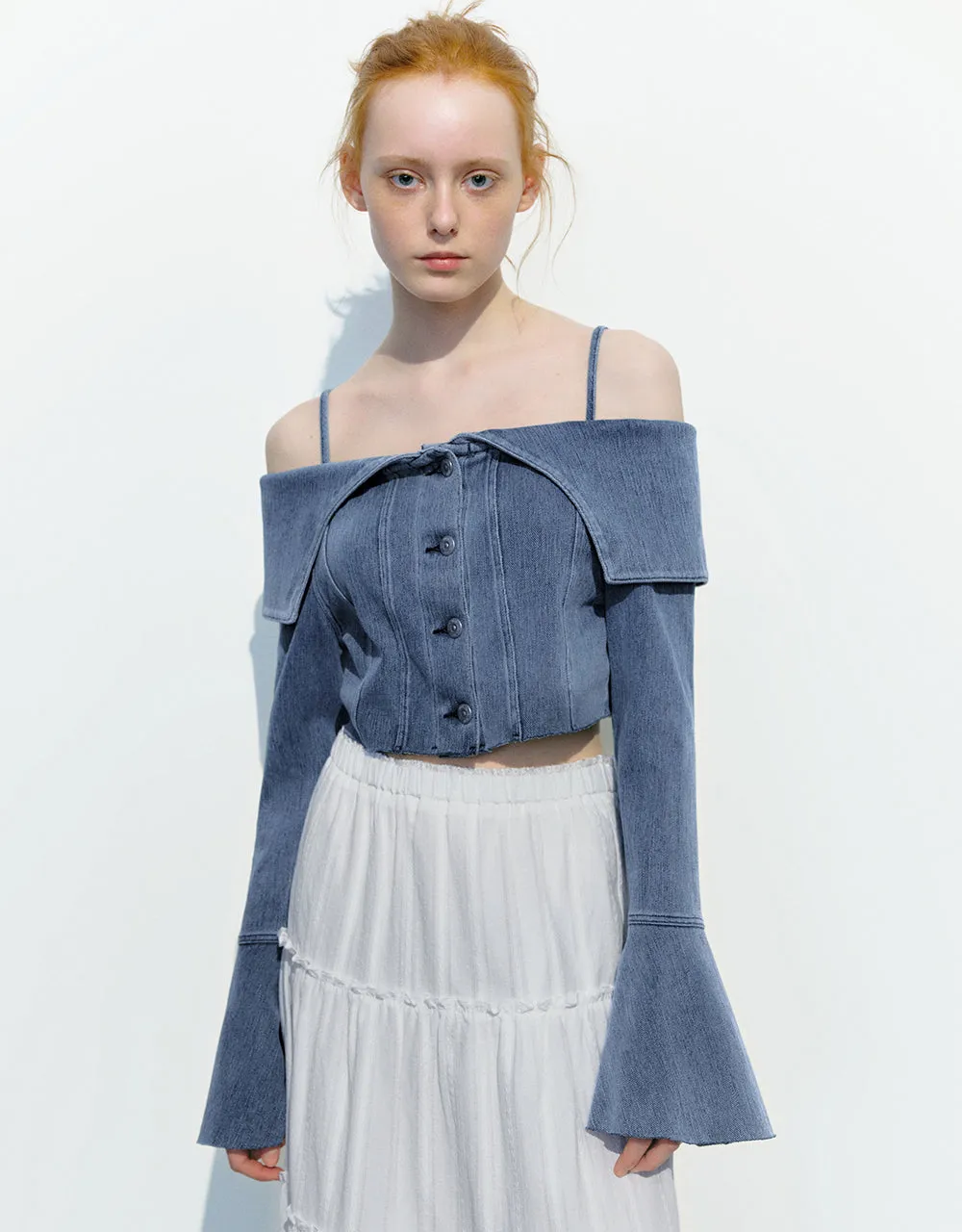 Butterfly Sleeve Off-Shoulder Denim Shirt sold by Urban Revivo