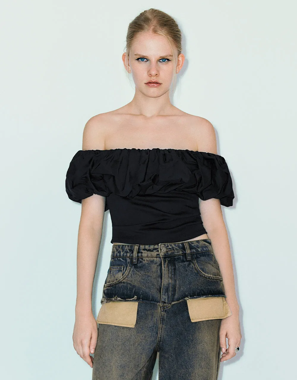 Ruffle Off-Shoulder Skinny T-Shirt sold by Urban Revivo