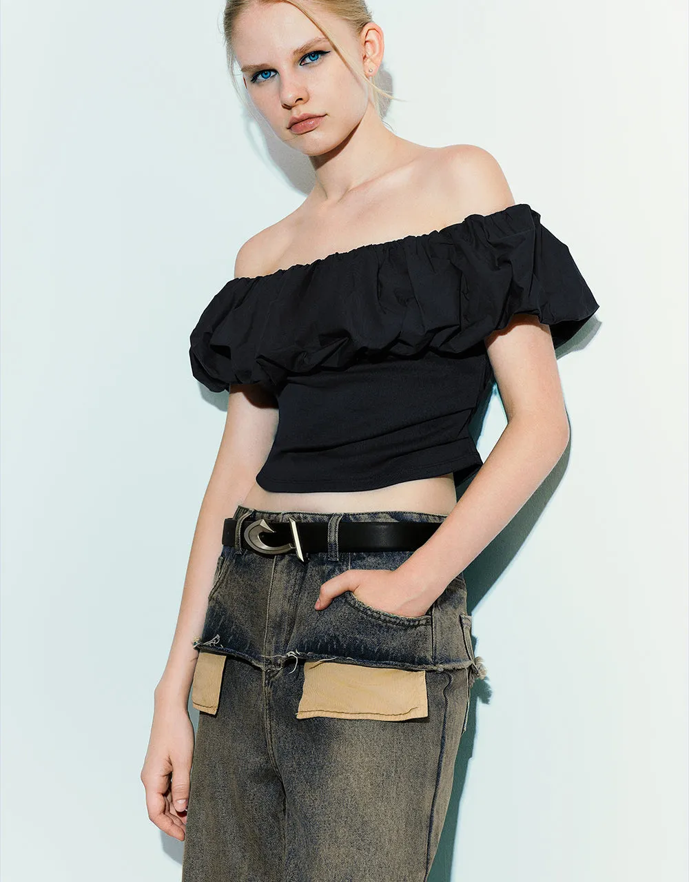 Ruffle Off-Shoulder Skinny T-Shirt sold by Urban Revivo product image thumbnail 3