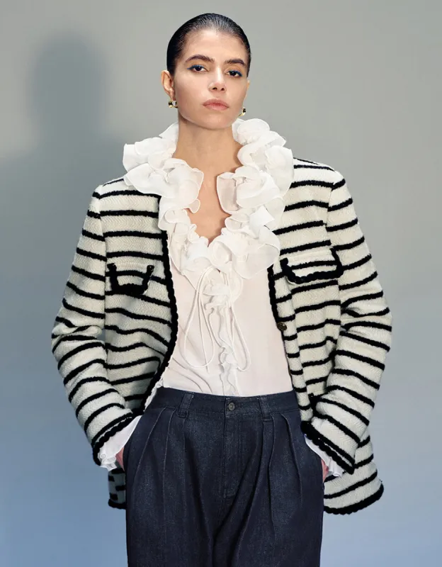 V-Neck Striped Woolen Jacket sold by Urban Revivo