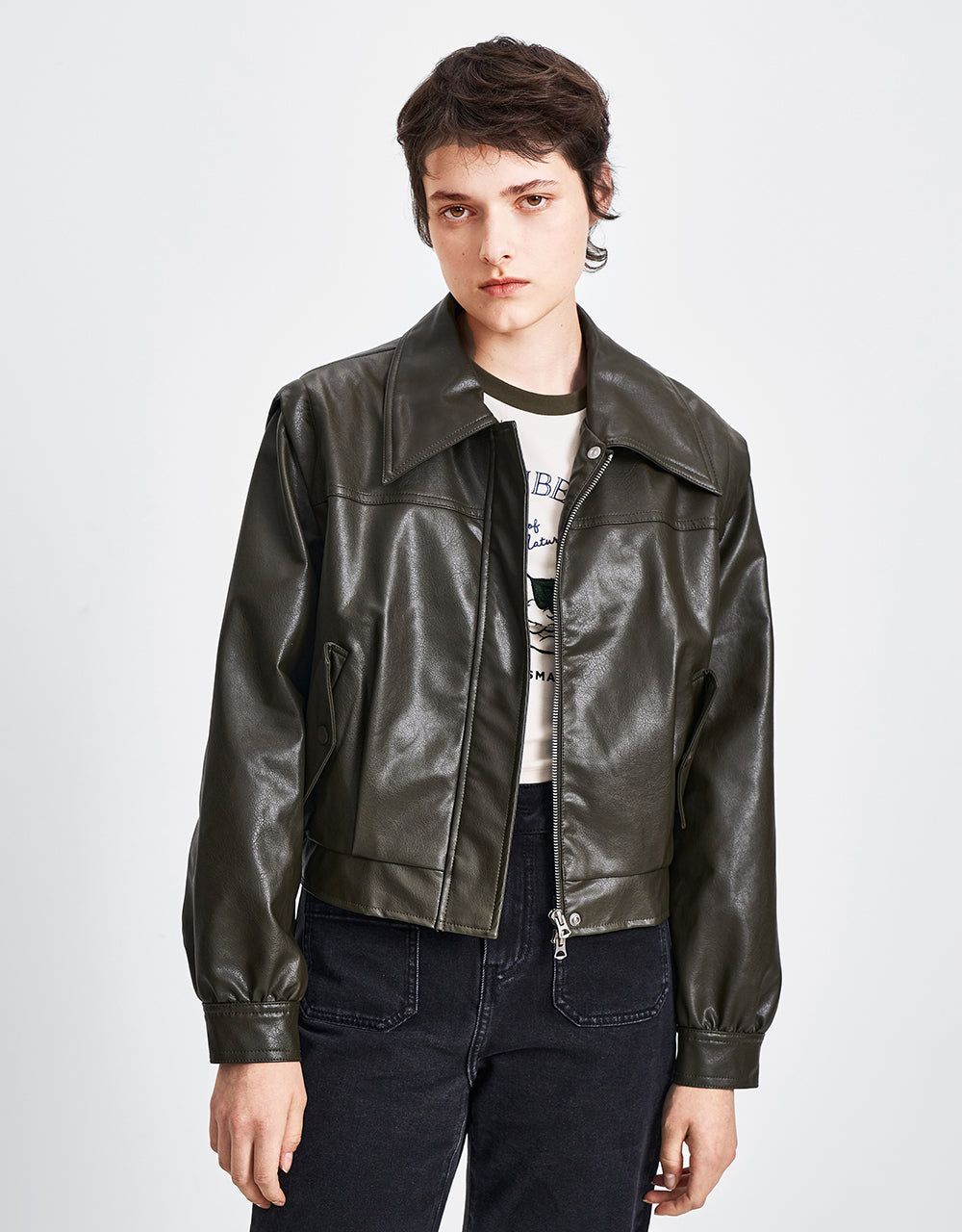 Zipper Front Vegan Leather Jacket sold by Urban Revivo