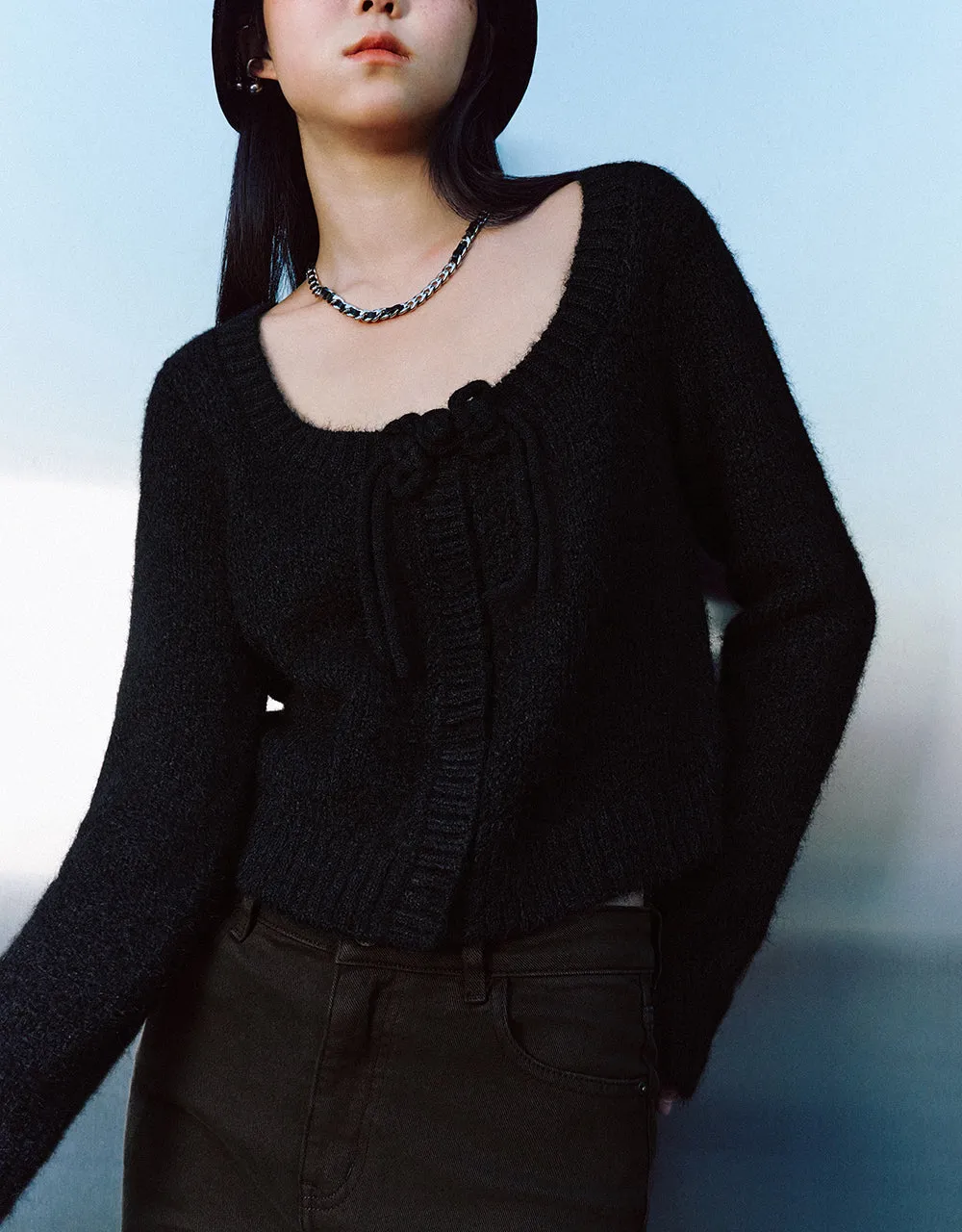 Tie Front Crew Neck Knitted Cardigan sold by Urban Revivo product image thumbnail 3