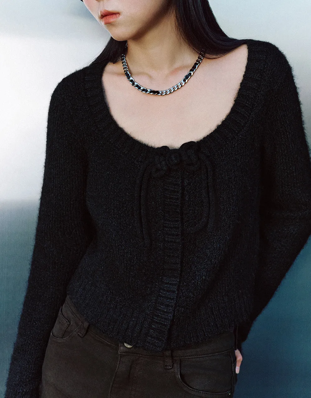 Tie Front Crew Neck Knitted Cardigan sold by Urban Revivo product image thumbnail 4