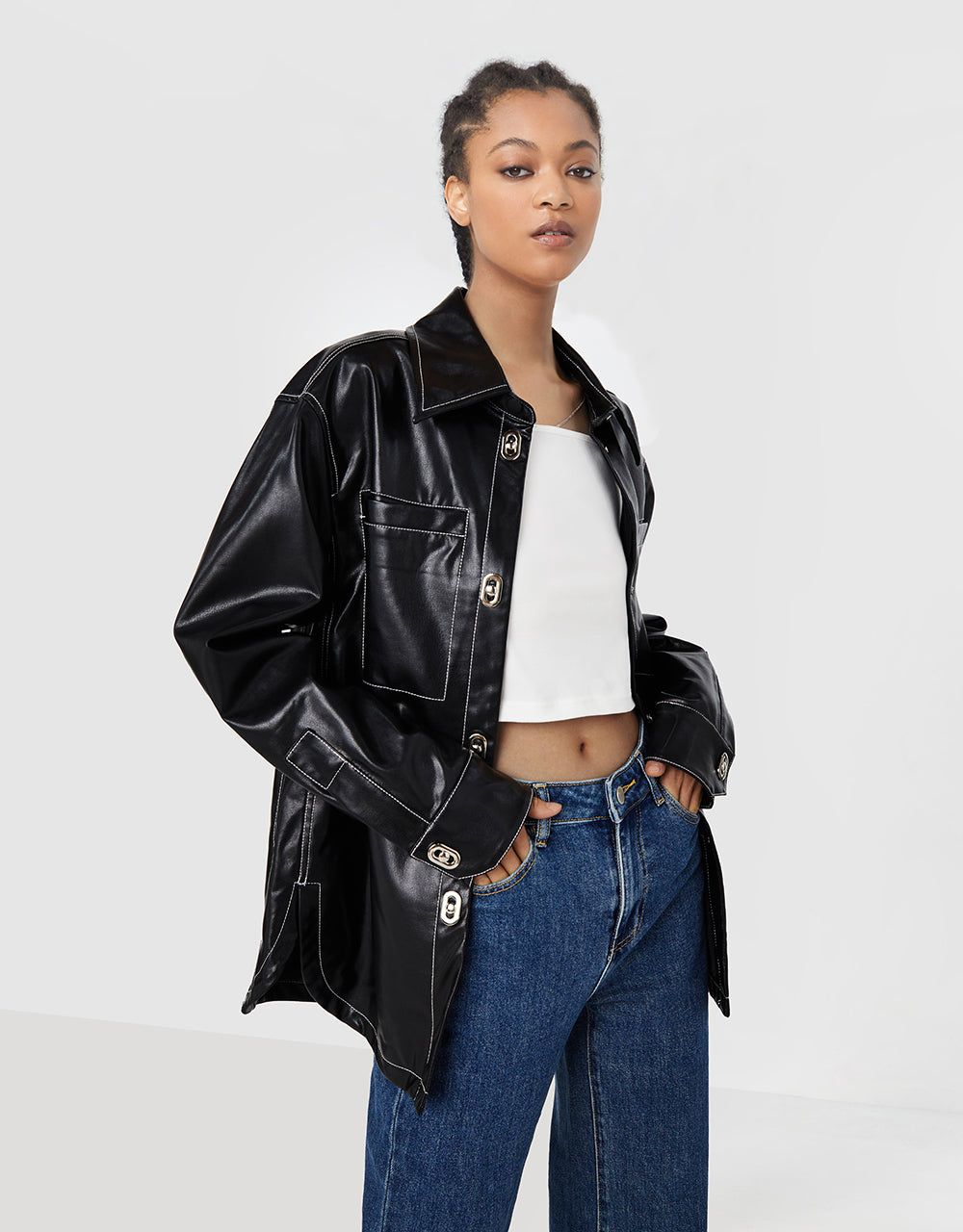 Faux Leather Buttoned Jacket sold by Urban Revivo