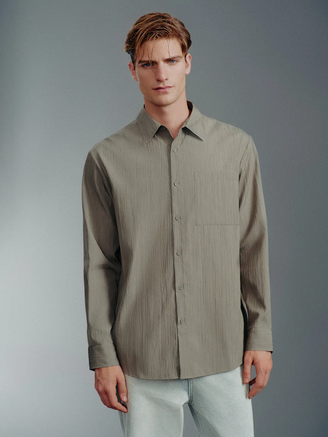 Textured Button Up Loose Shirt sold by Urban Revivo