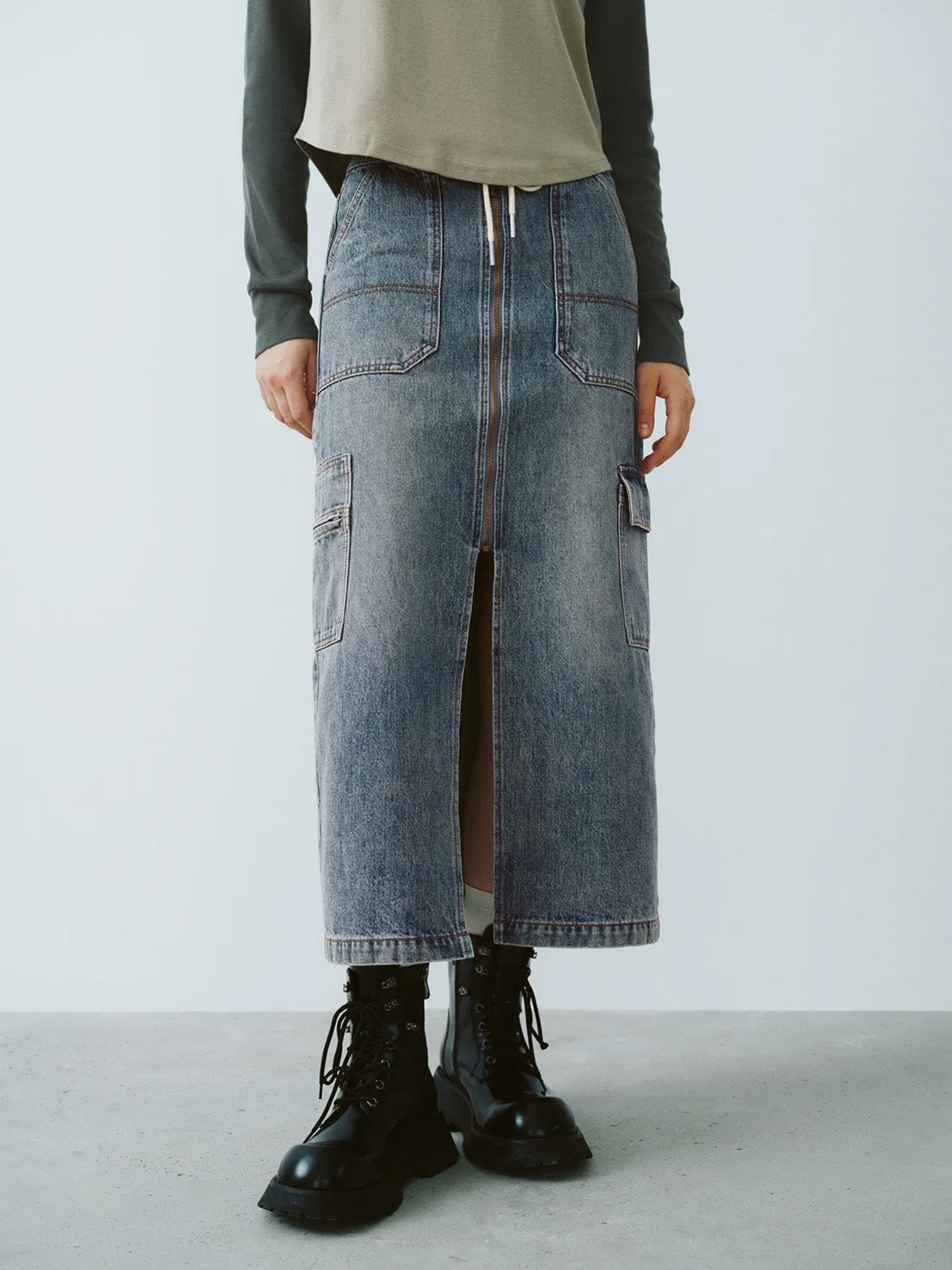 Drawstring Waist Midi Denim Skirt sold by Urban Revivo product image thumbnail 2
