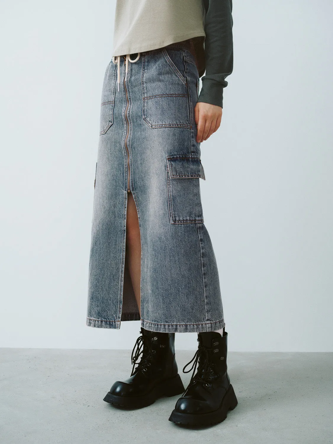 Drawstring Waist Midi Denim Skirt sold by Urban Revivo product image thumbnail 3
