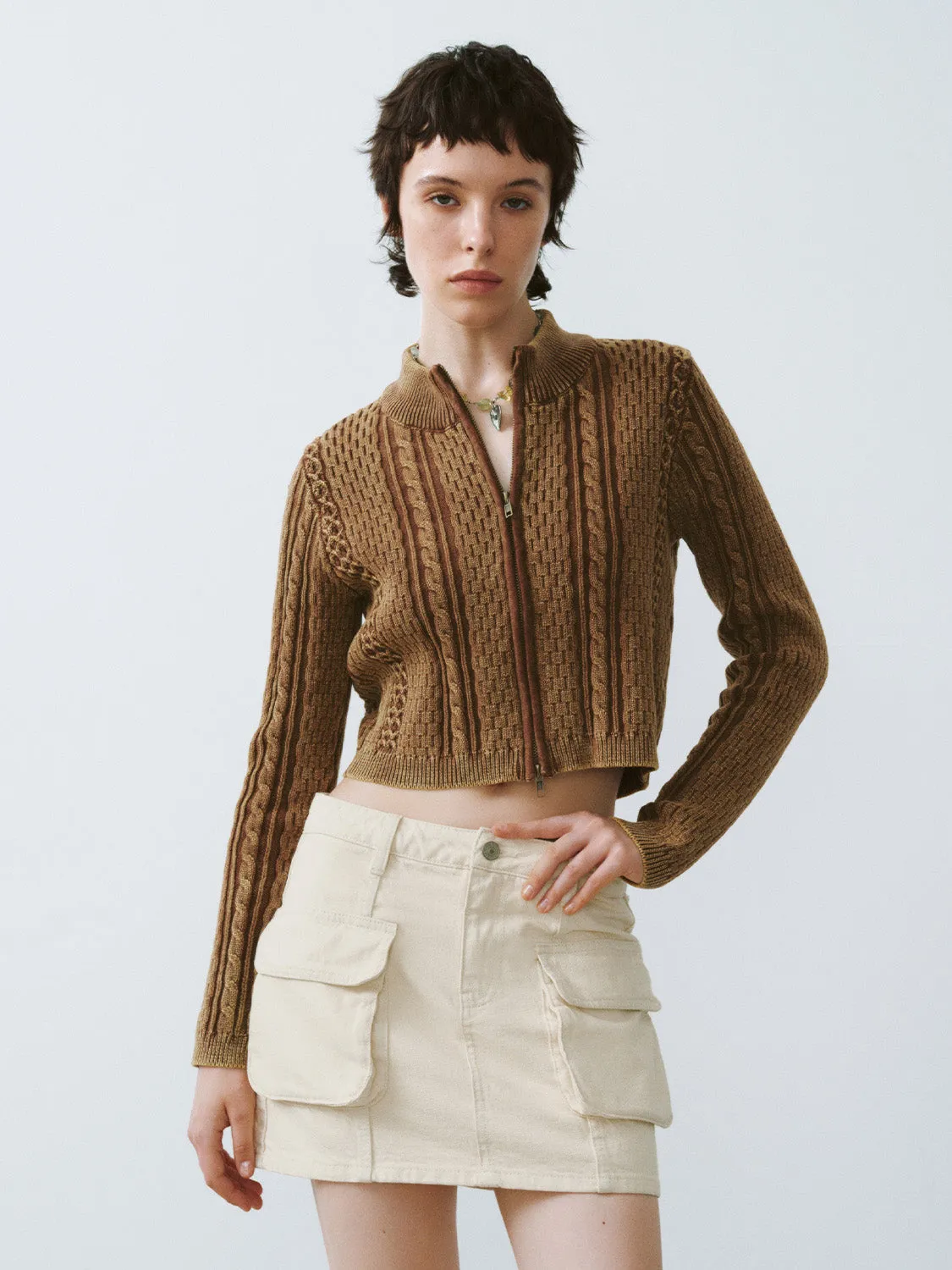 Zipper Front Cropped Knitted Cardigan sold by Urban Revivo