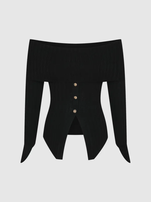Off-Shoulder Skinny Knitted T-Shirt made by Urban Revivo