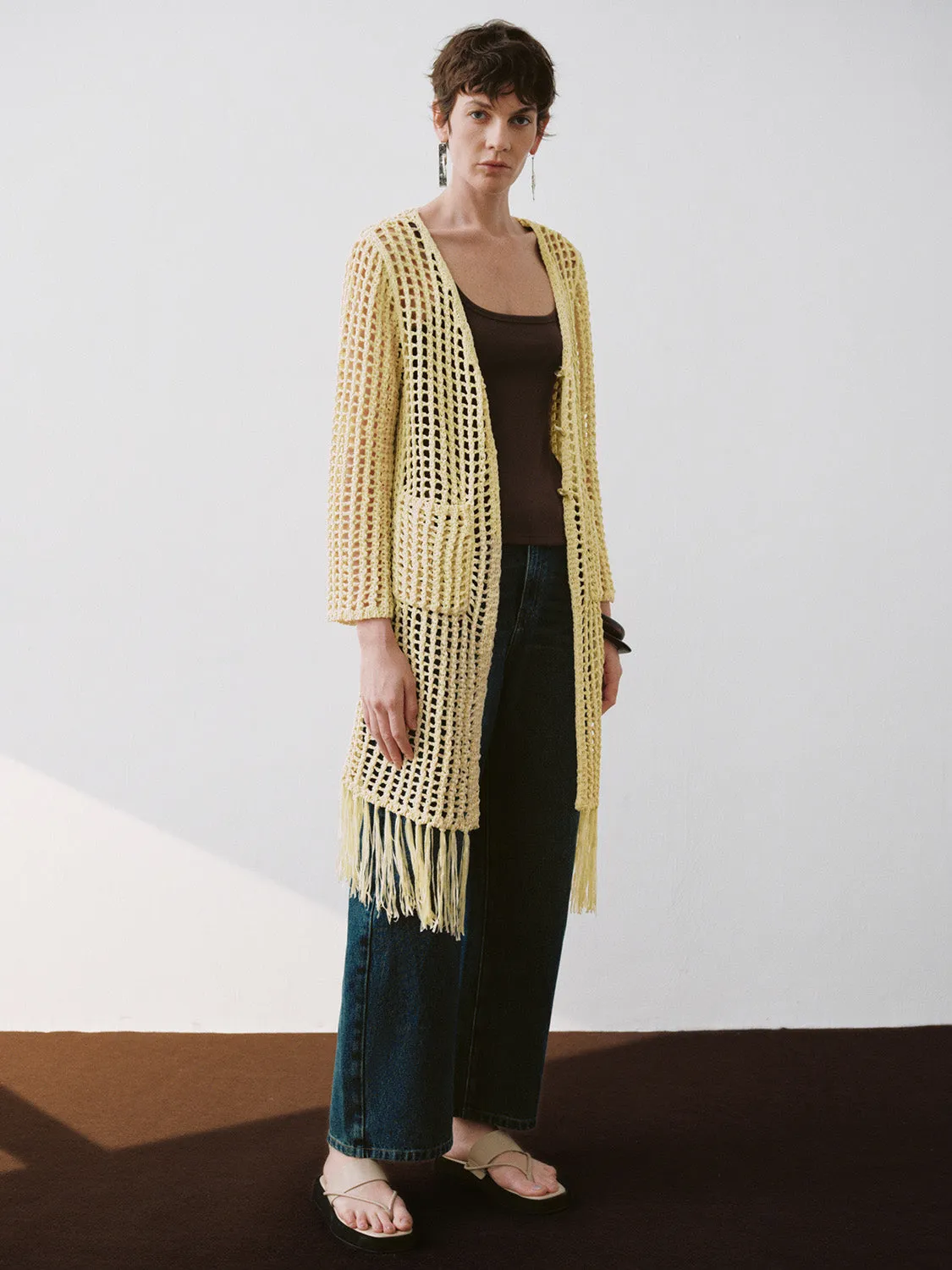 Longline V-Neck Crochet Knitted Cardigan sold by Urban Revivo