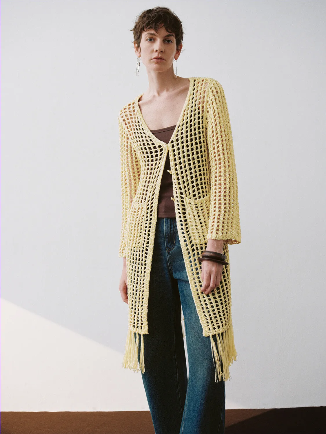 Longline V-Neck Crochet Knitted Cardigan sold by Urban Revivo product image thumbnail 3