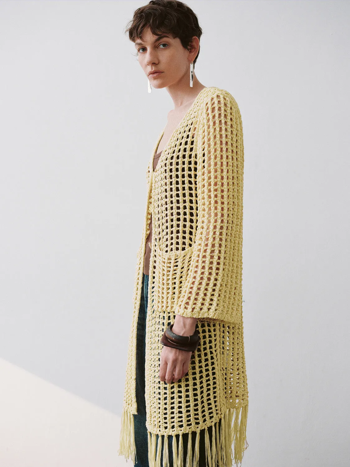 Longline V-Neck Crochet Knitted Cardigan sold by Urban Revivo product image thumbnail 4