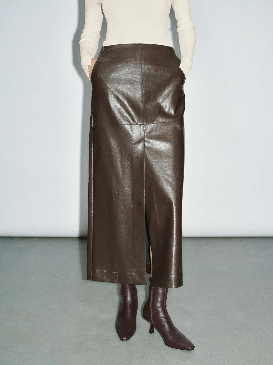 Vegan Leather Midi Straight Skirt sold by Urban Revivo product image thumbnail 2