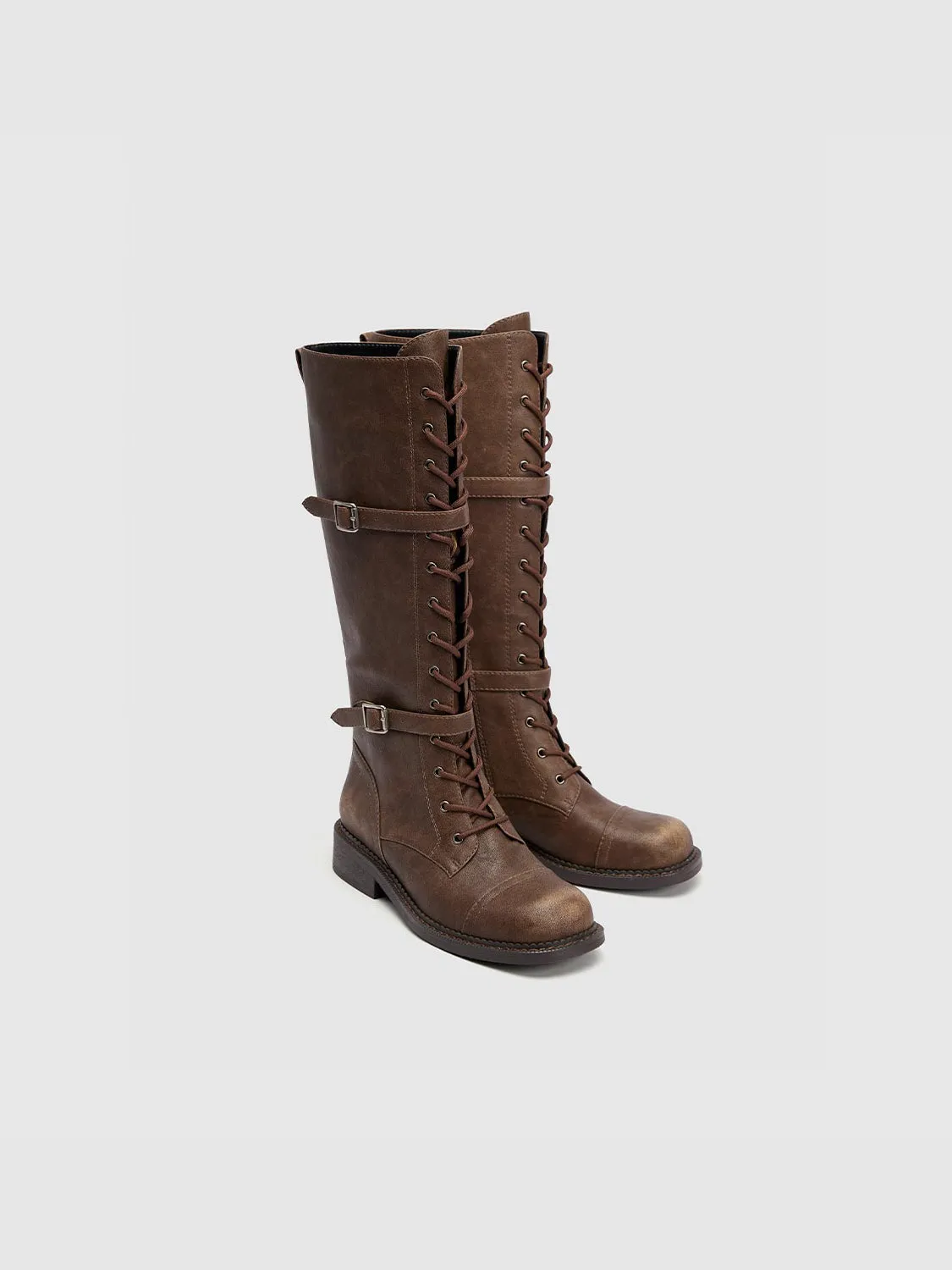 Distressed Lace Up Round Toe Knee Boots sold by Urban Revivo