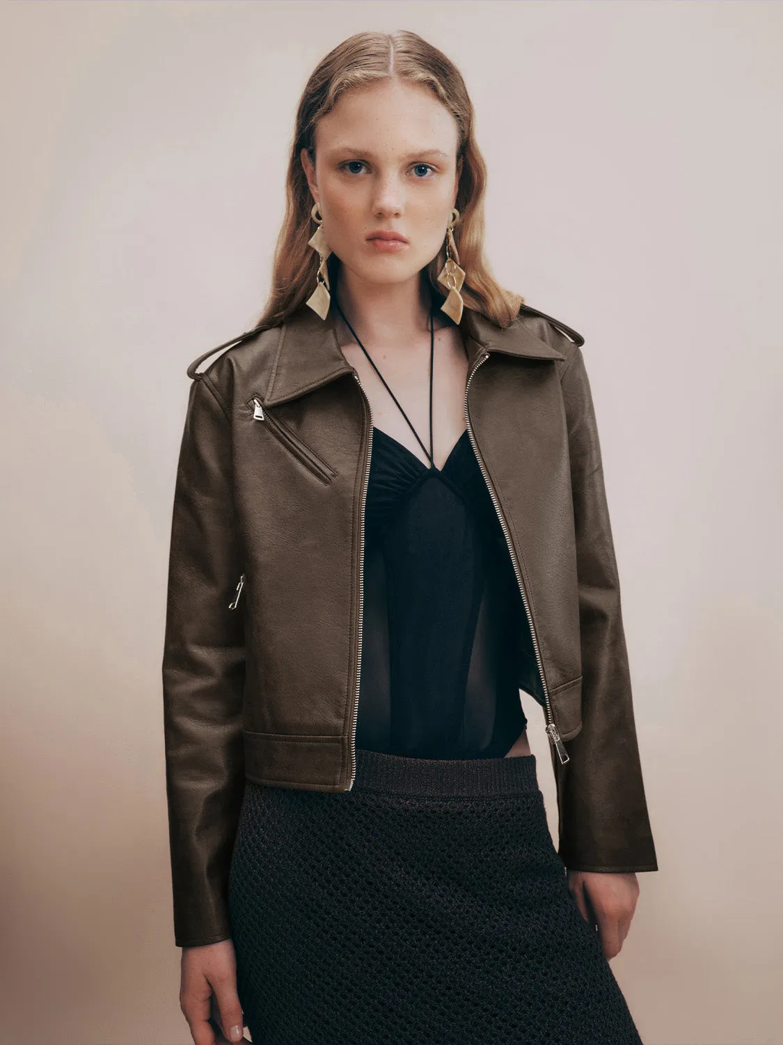 Zipper Front Loose Vegan Leather Jacket sold by Urban Revivo