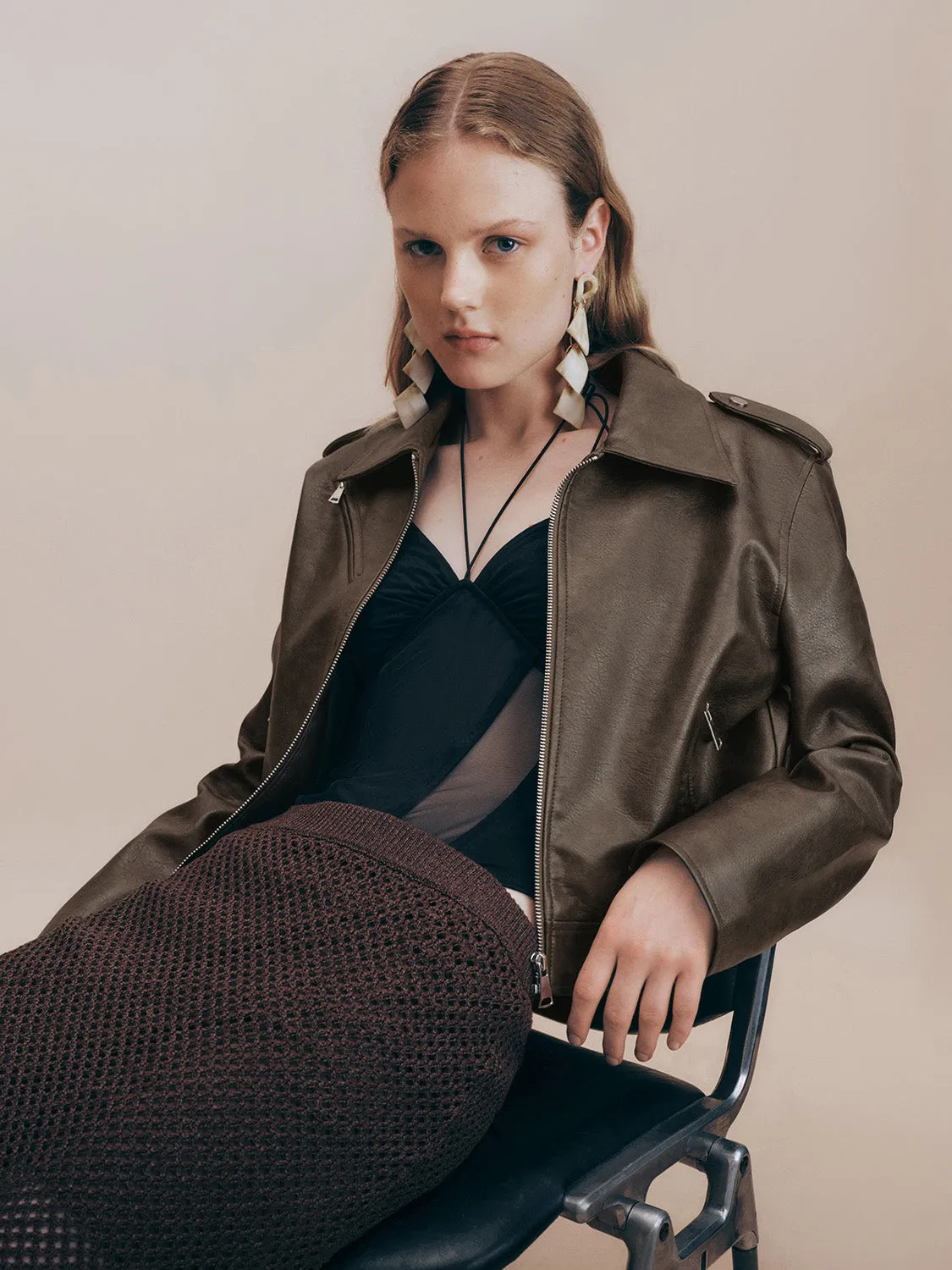 Zipper Front Loose Vegan Leather Jacket sold by Urban Revivo product image thumbnail 3