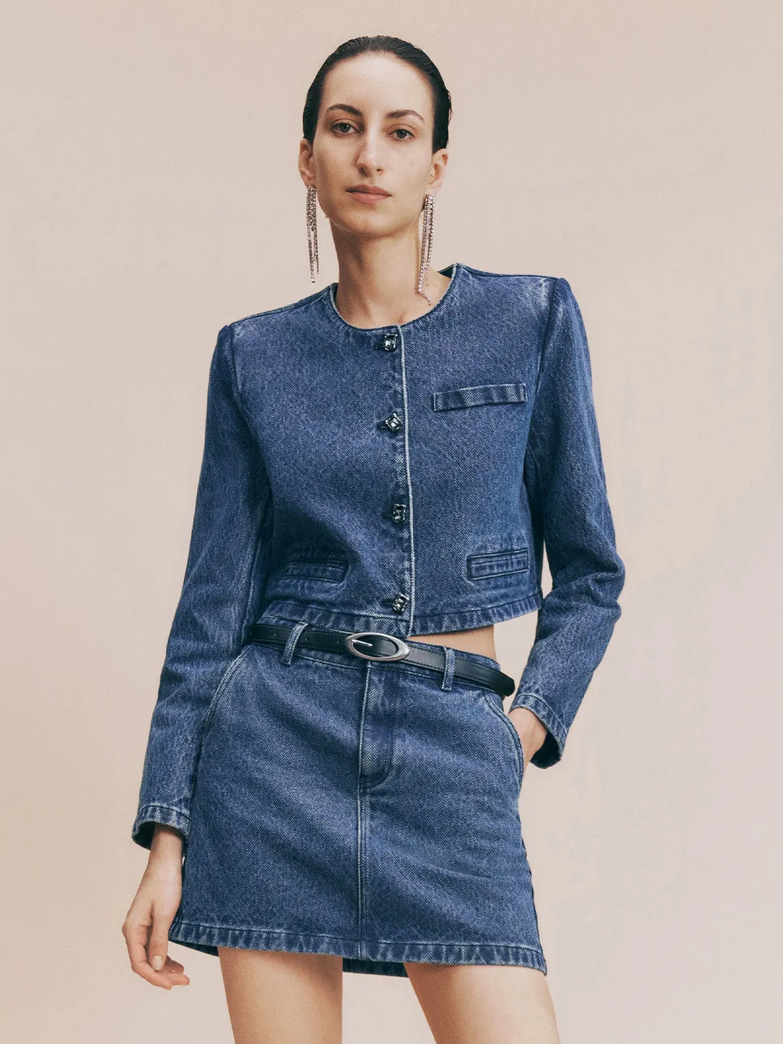 Crew Neck Straight Denim Jacket sold by Urban Revivo