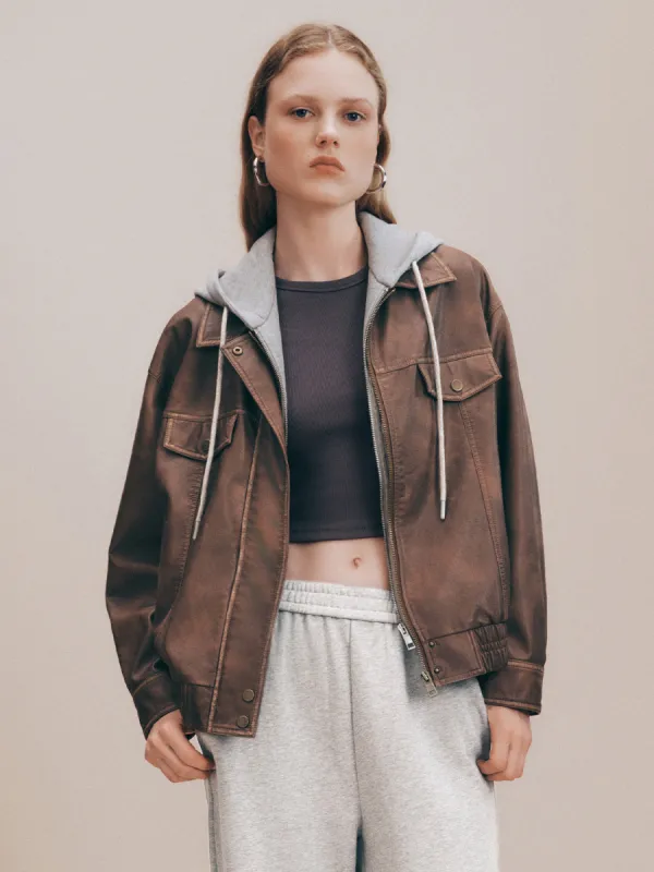 Distressed 2 In 1 Hooded Vegan Leather Jacket sold by Urban Revivo