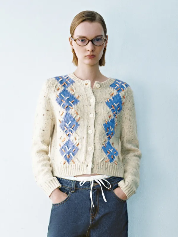 Argyle Printed Crew Neck Knitted Cardigan sold by Urban Revivo