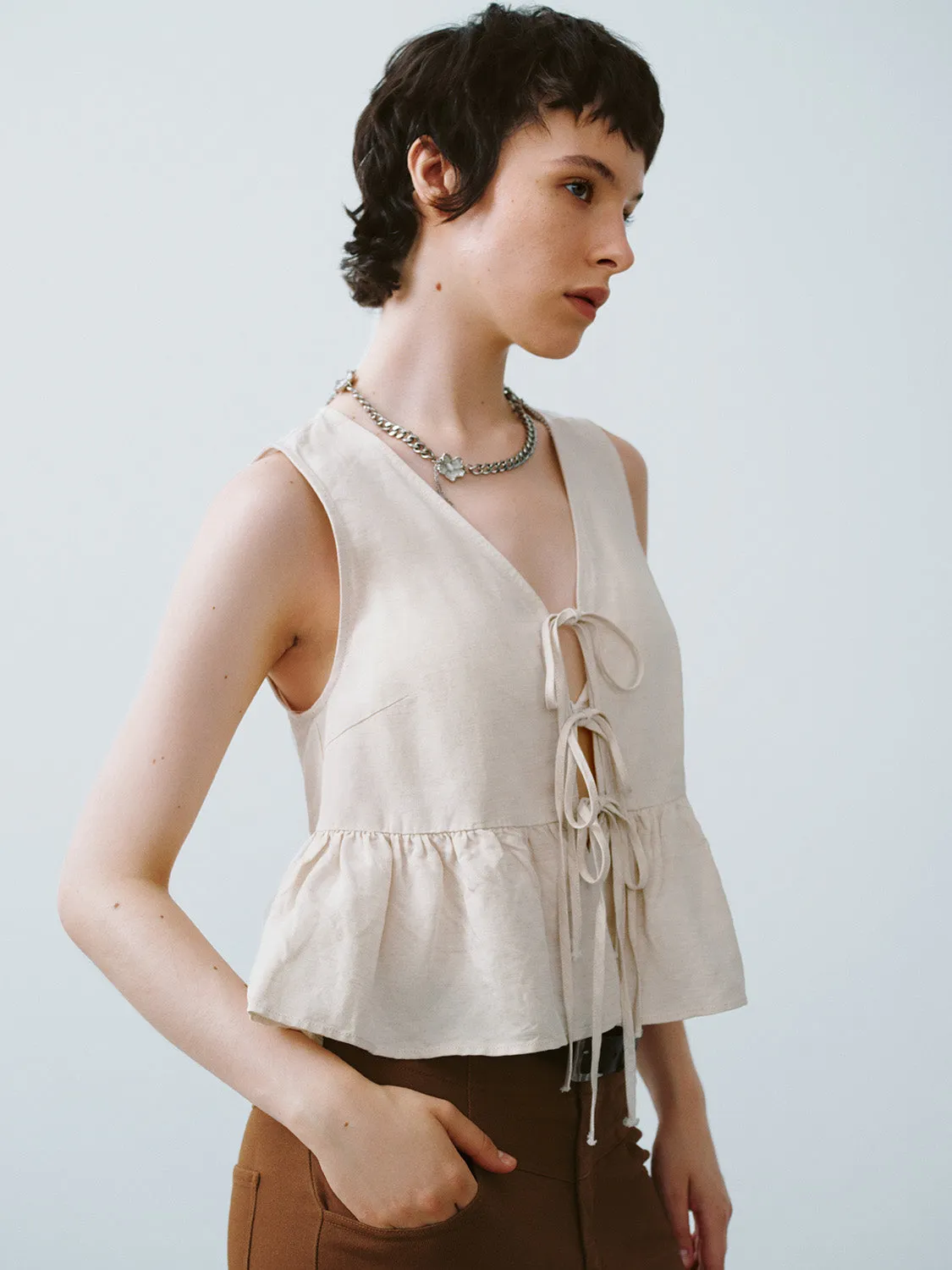 Sleeveless Tie Front V-Neck Shirt sold by Urban Revivo product image thumbnail 3