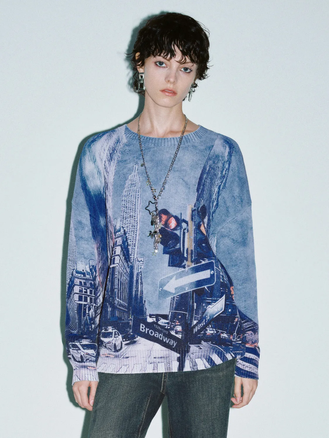 Printed Crew Neck Loose Knitted T-Shirt sold by Urban Revivo