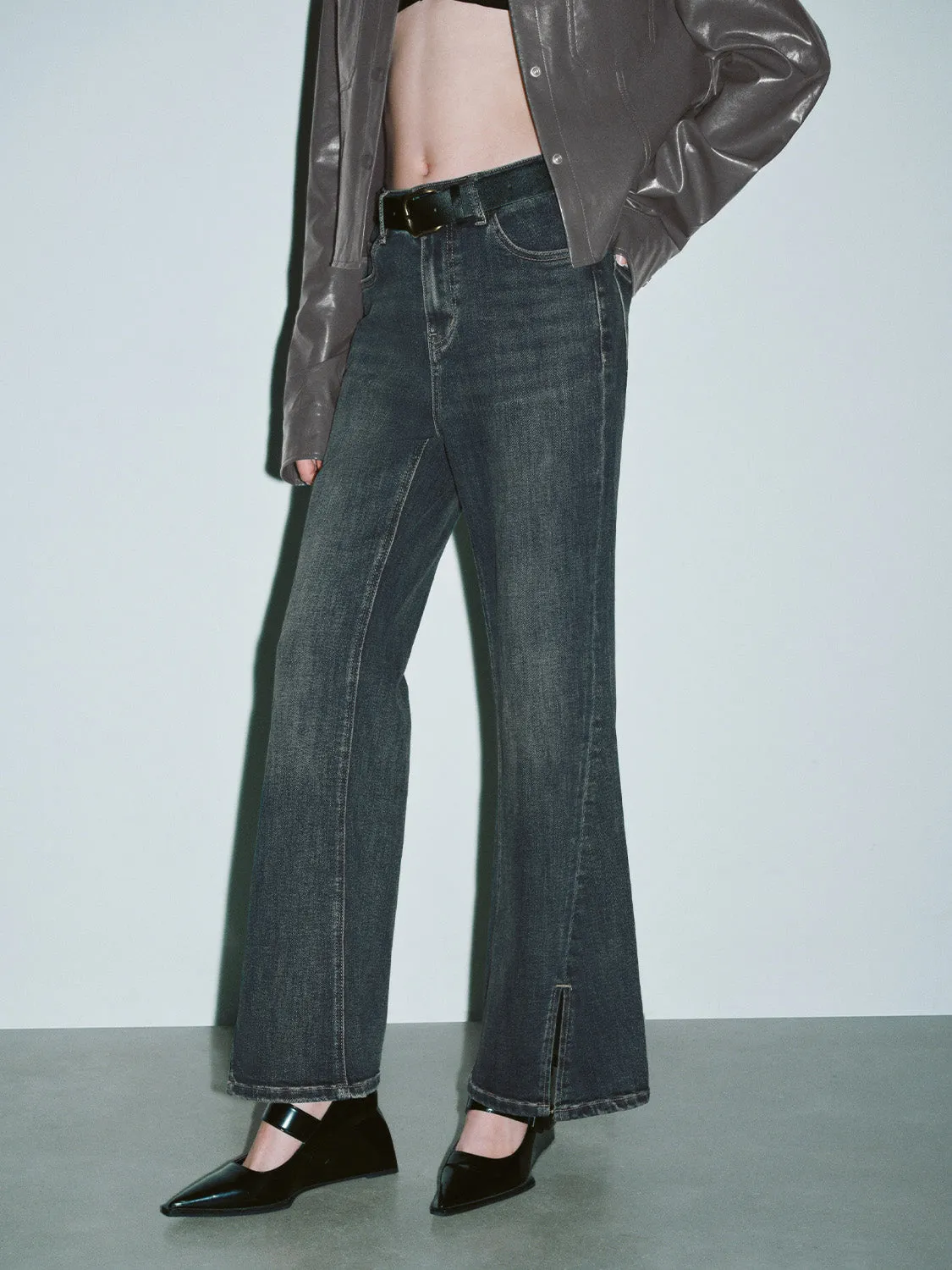 Split Hem Flare Jeans With Belt sold by Urban Revivo product image thumbnail 3