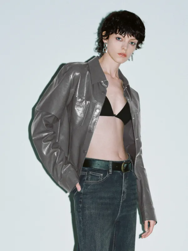 Press Button Vegan Leather Shirt sold by Urban Revivo