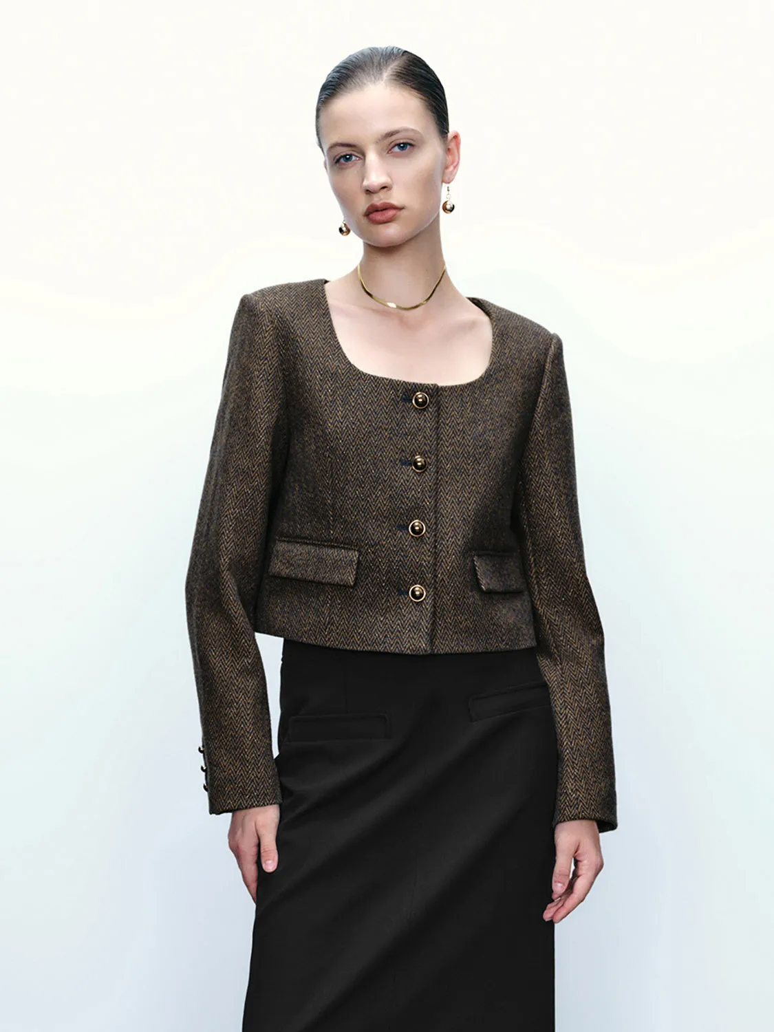 Cropped U Neck Straight Jacket sold by Urban Revivo