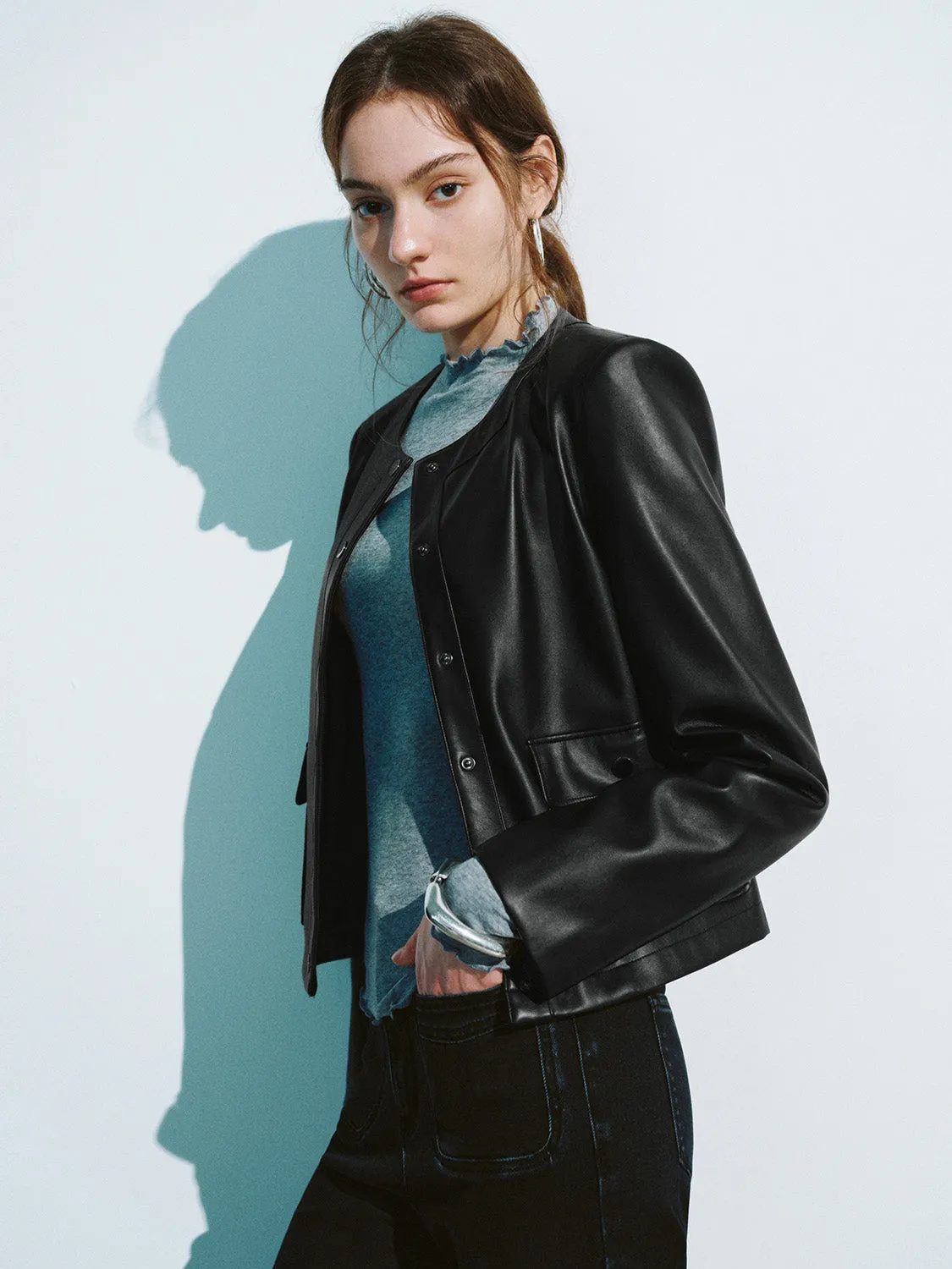 Crew Neck Vegan Leather Jacket sold by Urban Revivo product image thumbnail 3