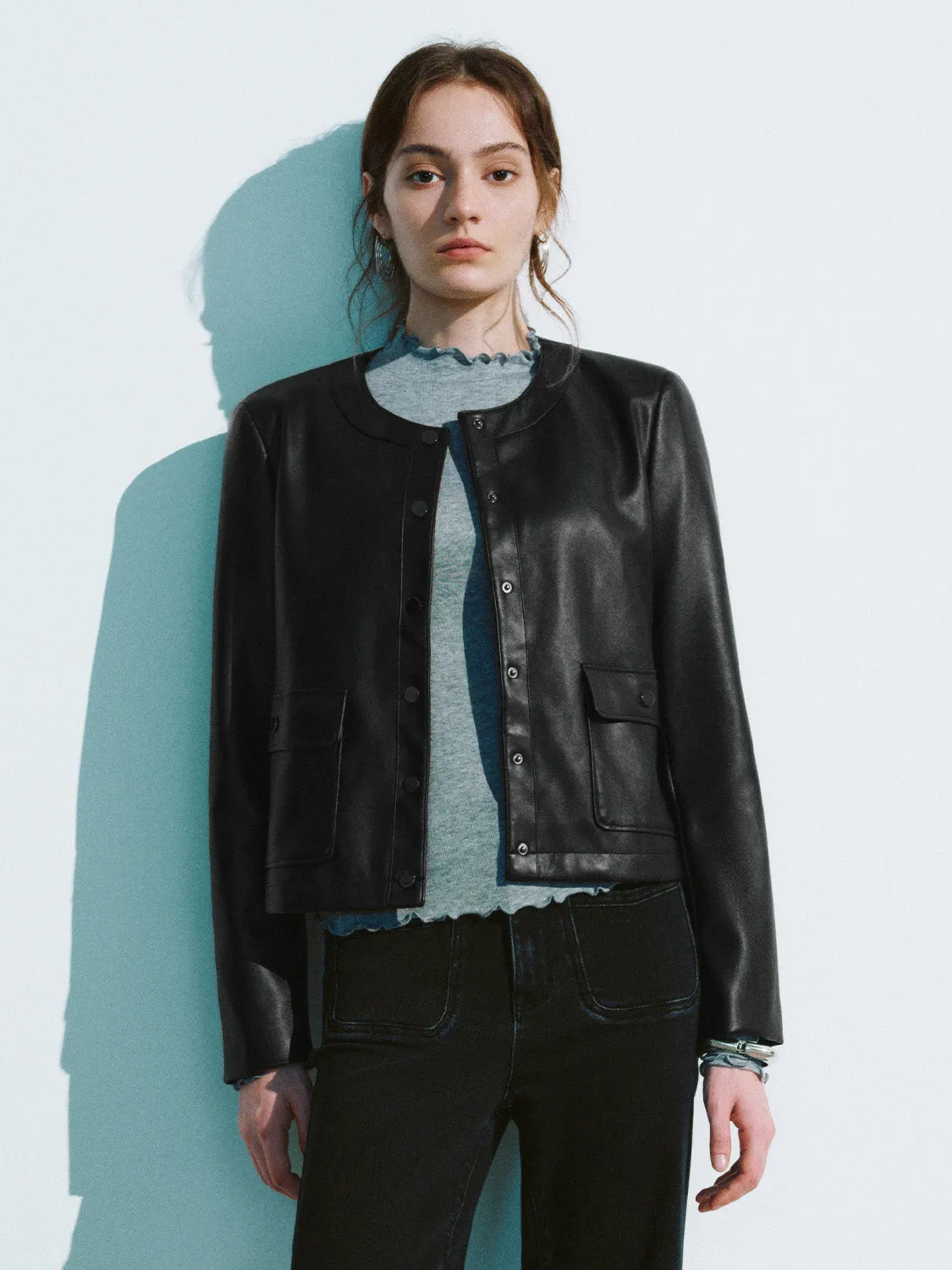 Crew Neck Vegan Leather Jacket sold by Urban Revivo