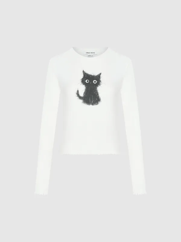 Cat Printed Crew Neck Skinny T-Shirt sold by Urban Revivo
