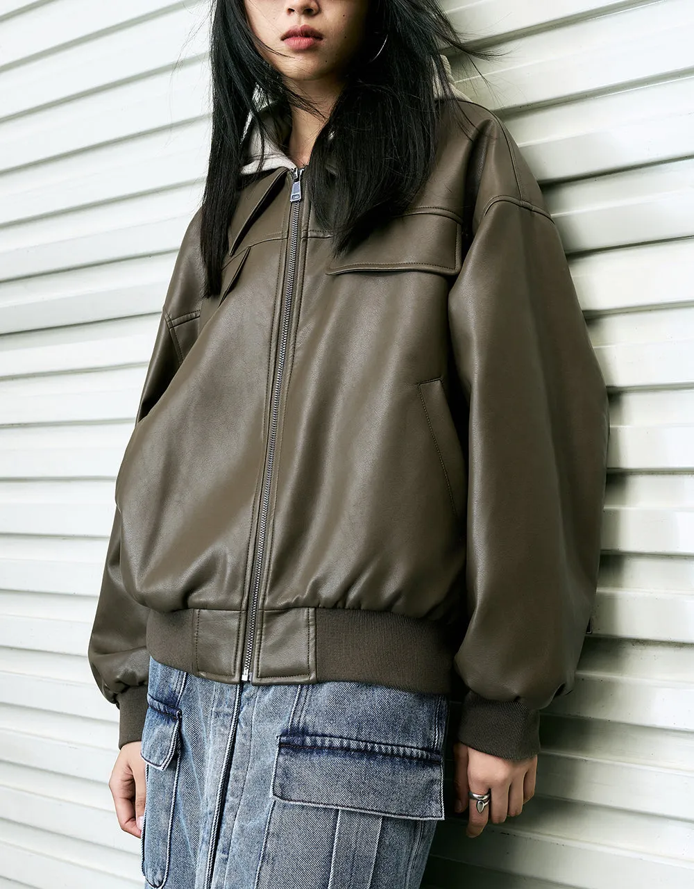 Zipper Front Vegan Leather Padded Coat sold by Urban Revivo product image thumbnail 2