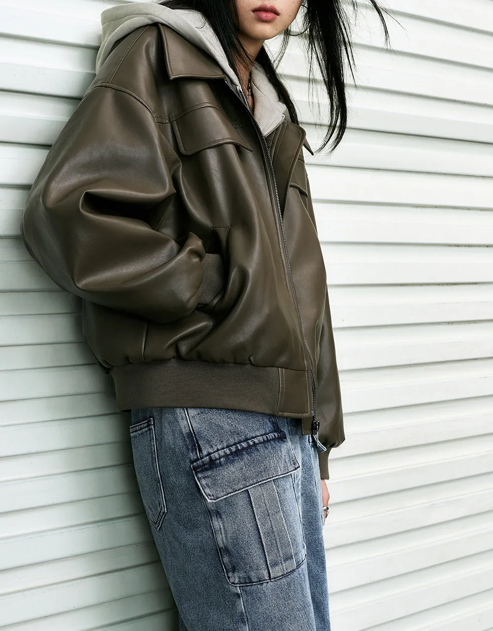 Zipper Front Vegan Leather Padded Coat sold by Urban Revivo product image thumbnail 3